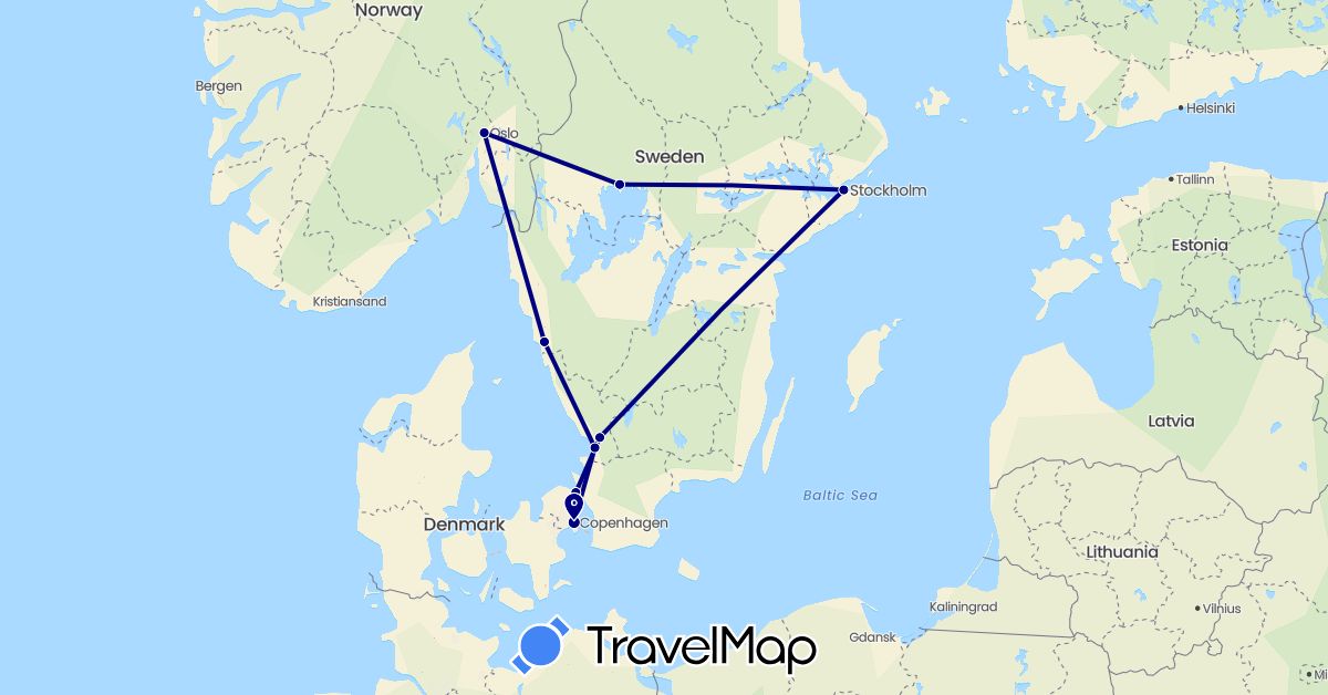TravelMap itinerary: driving in Denmark, Norway, Sweden (Europe)